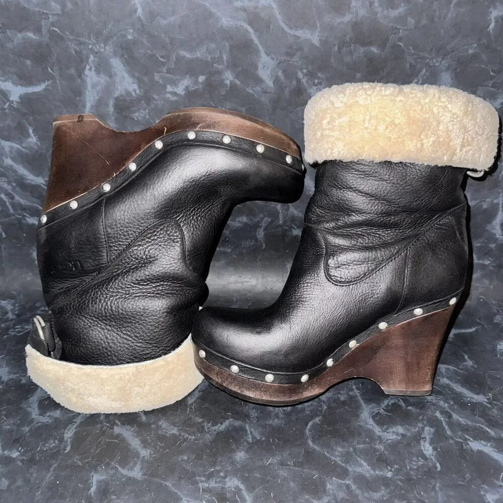 UGG Carnegie Black Nubuck Leather Wooden Wedge Heel Boots Womens Size 6